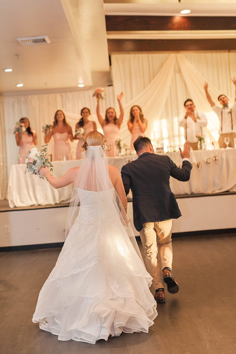 Reception Entrance Bride Lace Sweetheart Strapless Bridal Gown Veil Bouquet Groom Navy Jacket Beige Pants Bridesmaids Groomsmen Bridal Table Soft Blush Sage Green Wedding California http://julia-rosephotography.com/