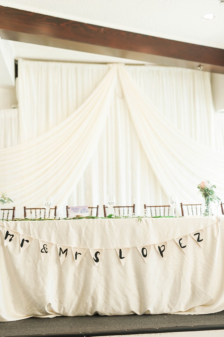 Reception Bridal Table Setting Handwritten Bunting Hanging White Fabric Fresh Florals Glass Vases Soft Blush Sage Green Wedding California http://julia-rosephotography.com/