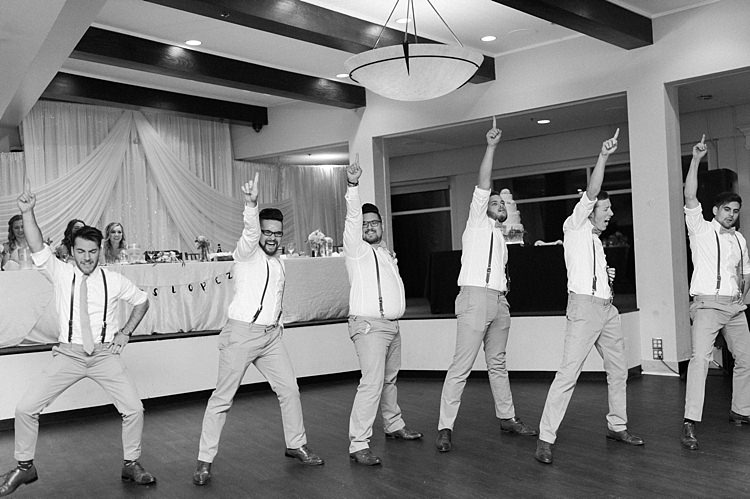 Reception Dancing Groom Groomsmen White Shirts Leather Suspenders Green Ties Beige Pants Bridal Table Soft Blush Sage Green Wedding California http://julia-rosephotography.com/