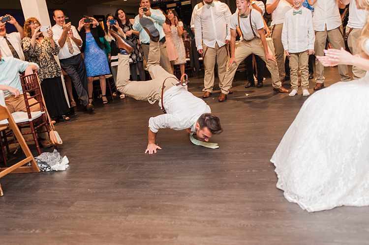 Reception Dancing Groom White Shirt Light Green Tie Leather Suspenders Beige Pants Bride Groomsmen Guests Soft Blush Sage Green Wedding California http://julia-rosephotography.com/