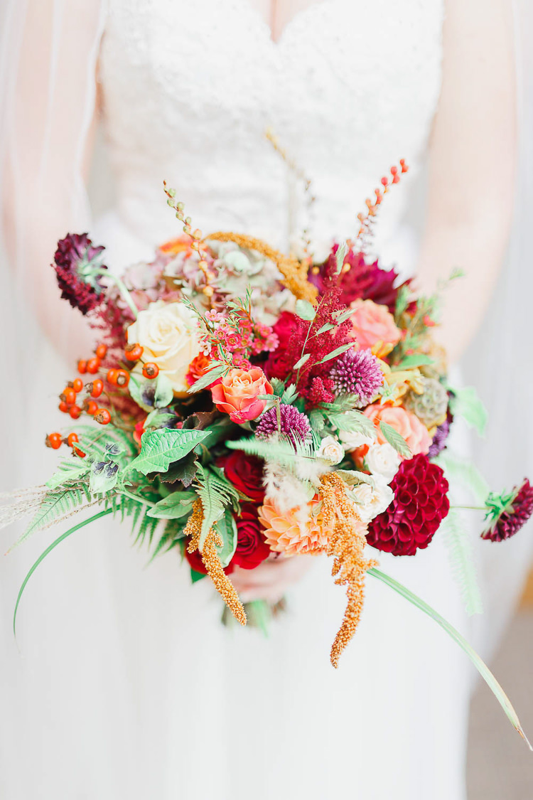Bouquet Flowers Red Orange Dahlia Rose Bride Bridal Berry Magical Fairy Lit Autumn Barn Wedding http://whitestagweddings.com/