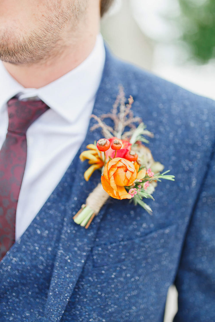Flowers Red Orange Dahlia Rose Buttonhole Groom Berry Magical Fairy Lit Autumn Barn Wedding http://whitestagweddings.com/