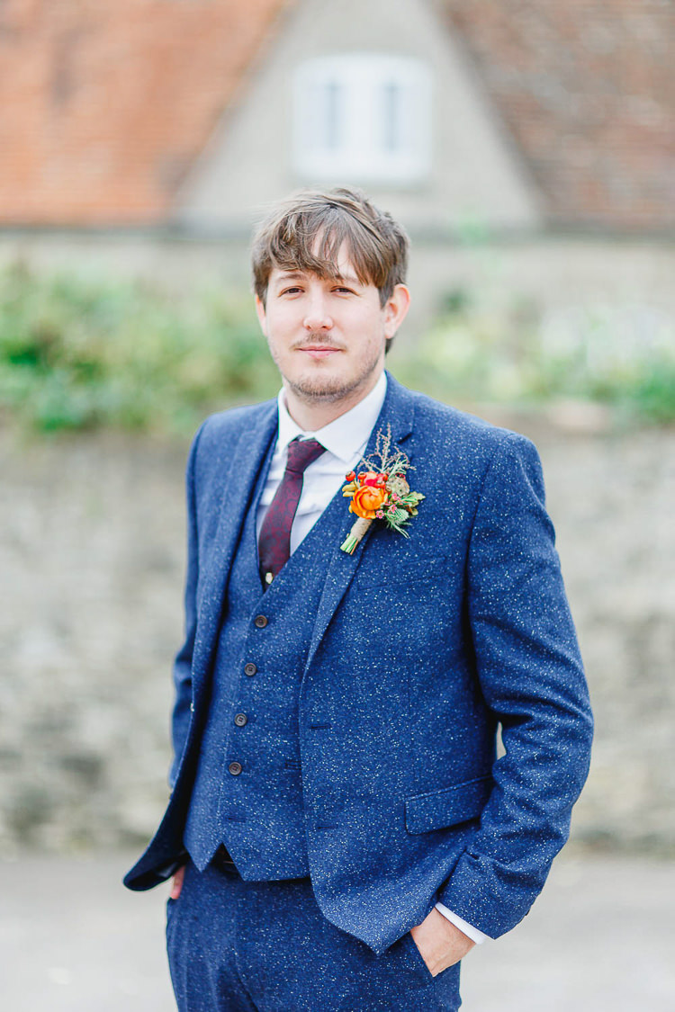 Next Blue Wool Suit Red Tie Groom Magical Fairy Lit Autumn Barn Wedding http://whitestagweddings.com/