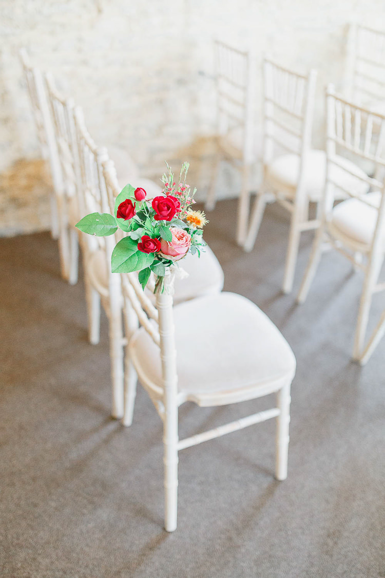 Chair Flowers Pew End Aisle Red Rose Orange Magical Fairy Lit Autumn Barn Wedding http://whitestagweddings.com/
