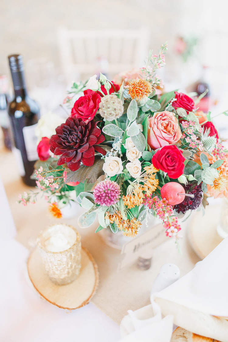 Flowers Red Orange Dahlia Rose Decor Centrepiece Table Berry Magical Fairy Lit Autumn Barn Wedding http://whitestagweddings.com/