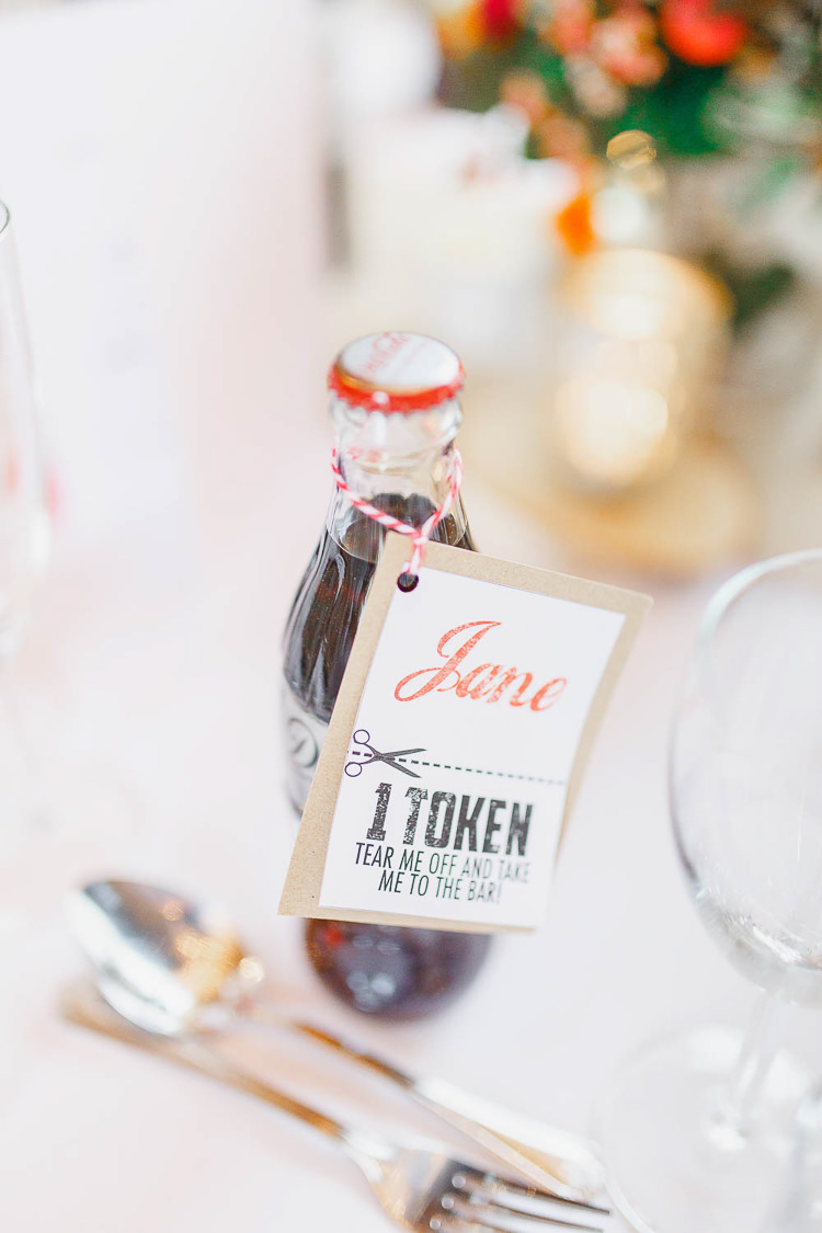 Coca Cola Coke Favours Place Name Token Drink Magical Fairy Lit Autumn Barn Wedding http://whitestagweddings.com/