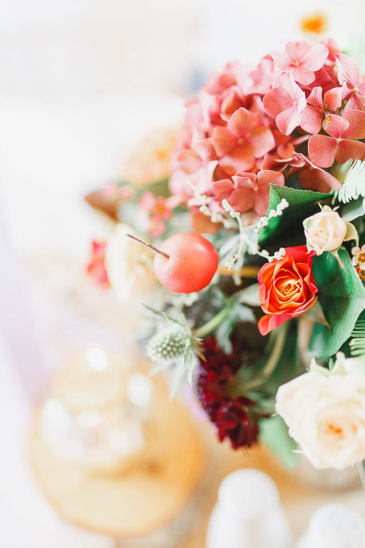 Flowers Red Orange Dahlia Rose Hydrangea Berry Magical Fairy Lit Autumn Barn Wedding http://whitestagweddings.com/
