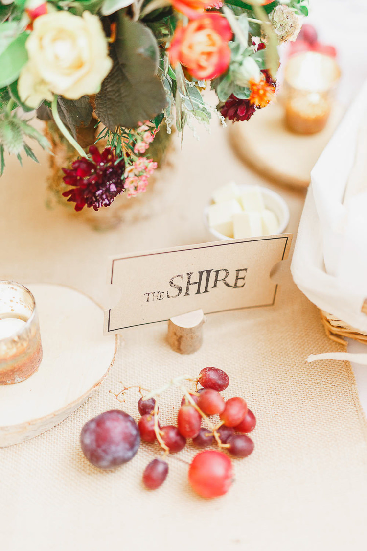 Film Loaction Table Names Kraft Brown Paper Log Magical Fairy Lit Autumn Barn Wedding http://whitestagweddings.com/