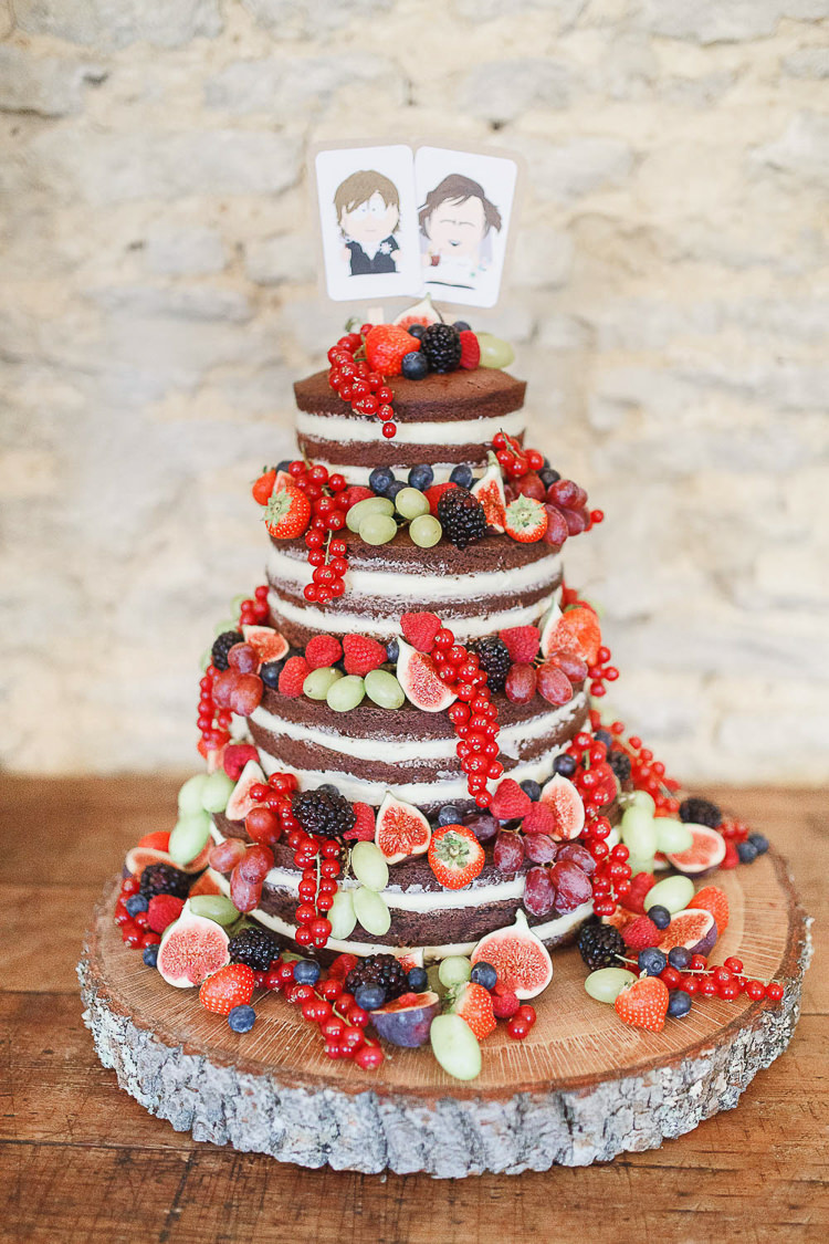 Naked Cake Victoria Sponge Fruit Berries Layer Log Magical Fairy Lit Autumn Barn Wedding http://whitestagweddings.com/