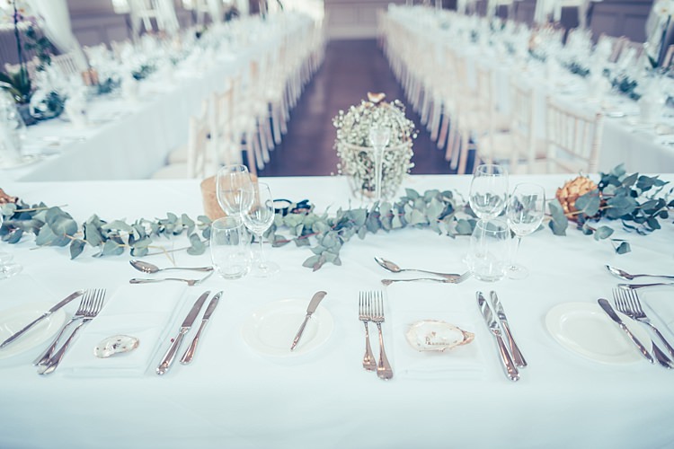 Eucalyptus Foliage Table Decor Oyster Shell Place Names Fun Stylish City Hall Wedding http://www.terryliphotography.co.uk/