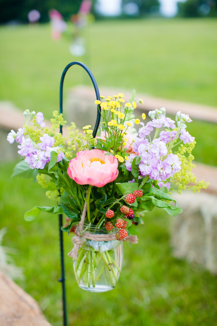 Flowers Jar Hook Aisle Peony Berries Summer Wild Colourful Pastel Home Made Farm Wedding http://helencawtephotography.com/