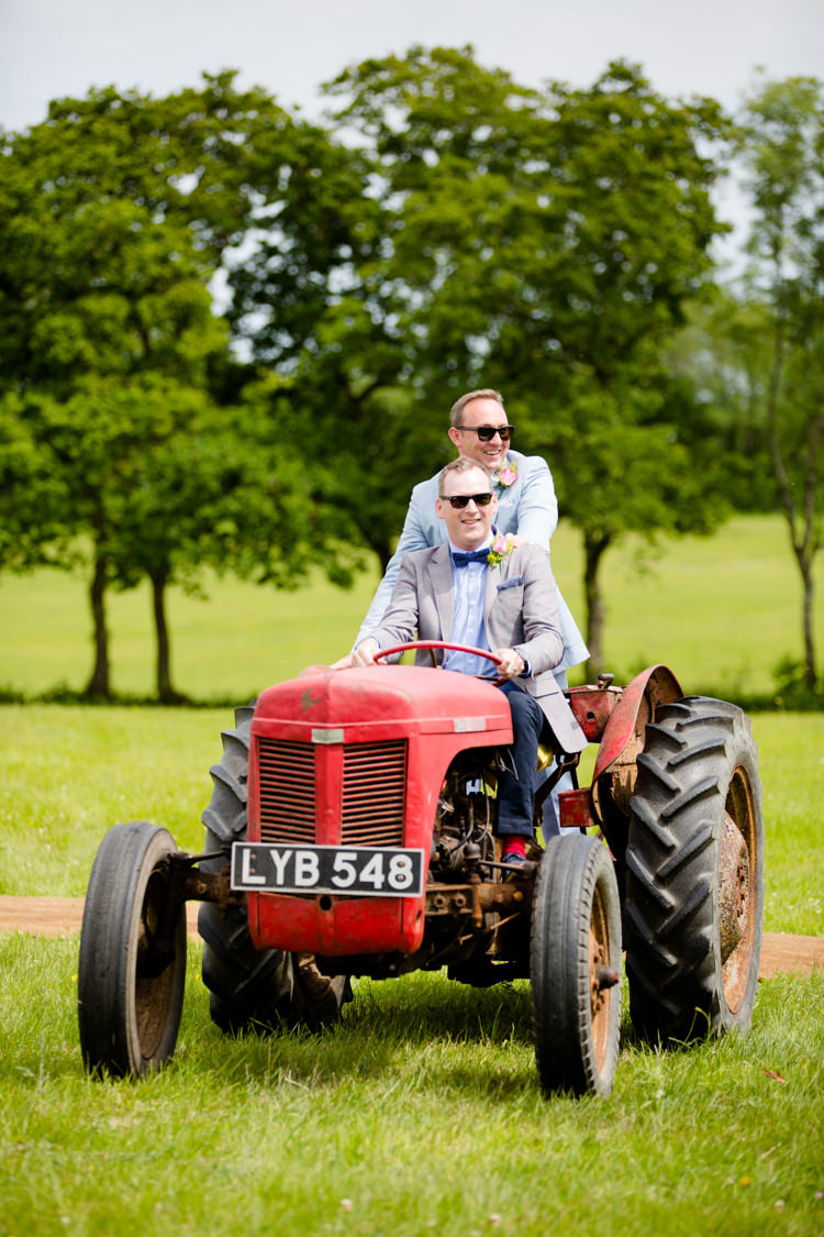 Tractor Transport Colourful Pastel Home Made Farm Wedding http://helencawtephotography.com/