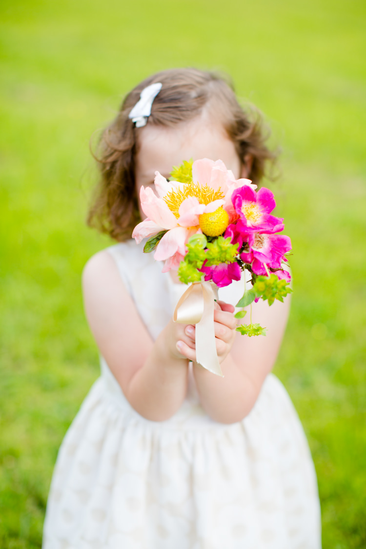Flower Girl Bouquet Peony Pink Yellow Colourful Pastel Home Made Farm Wedding http://helencawtephotography.com/