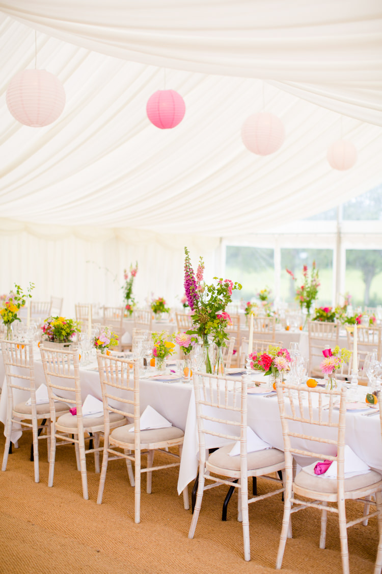 Marquee Lanterns Pink Yellow Flowers Decor Colourful Pastel Home Made Farm Wedding http://helencawtephotography.com/