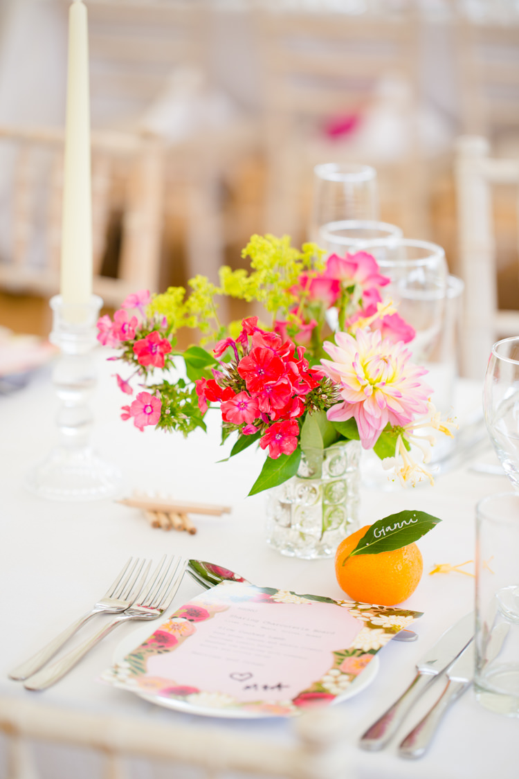 Pink Yellow Flowers Place Setting Decor Colourful Pastel Home Made Farm Wedding http://helencawtephotography.com/
