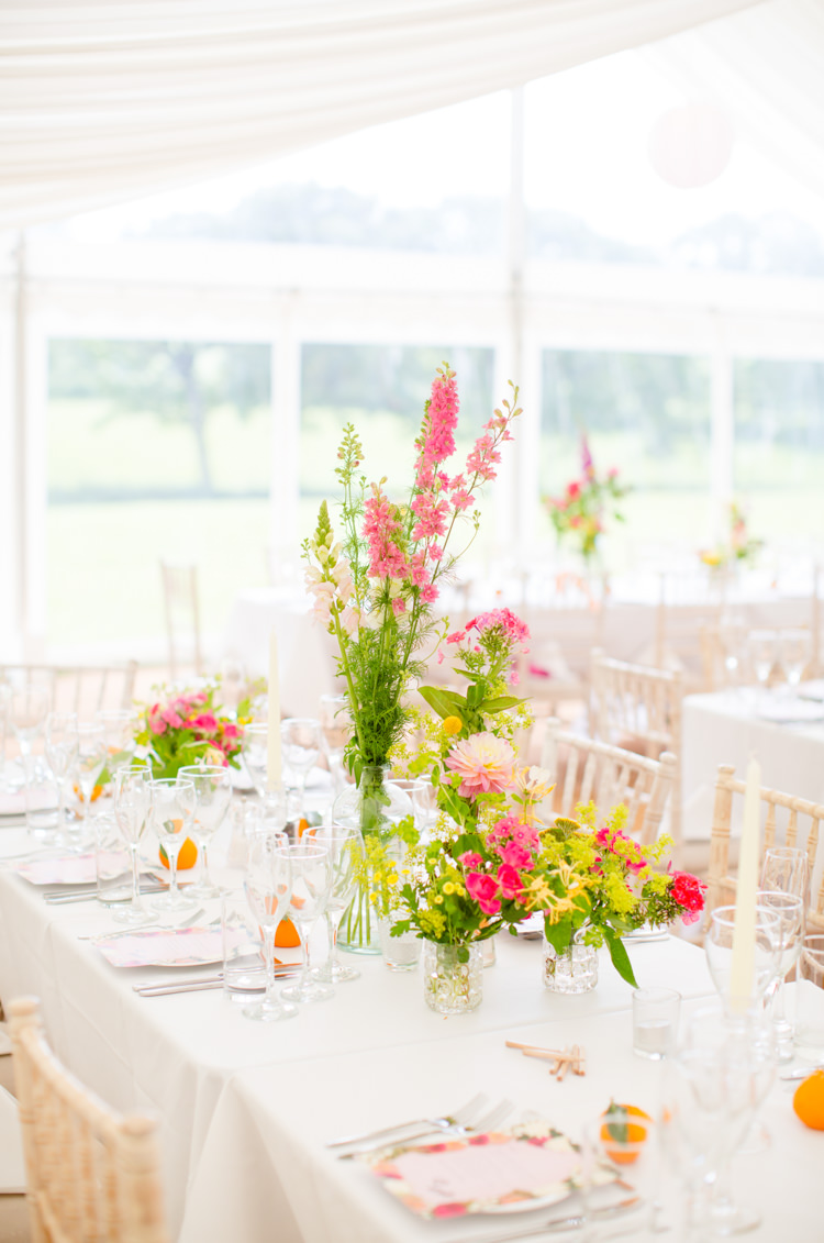 Summer Flowers Wild Pink Yellow Centrepiece Decor Long Tables Colourful Pastel Home Made Farm Wedding http://helencawtephotography.com/