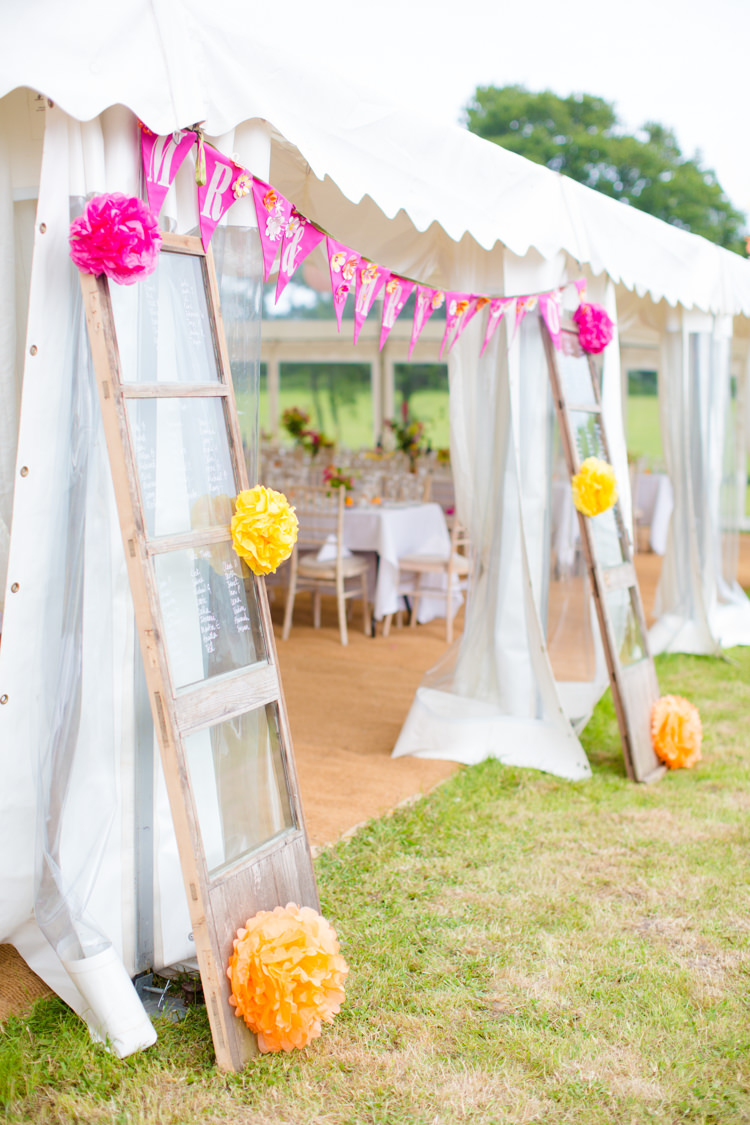 Window Door Seating Plan Glass Table Chart Pom Poms Colourful Pastel Home Made Farm Wedding http://helencawtephotography.com/