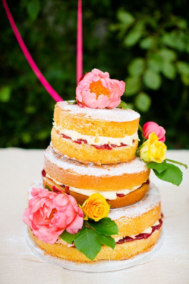 Naked Cake Sponge Coral Peony Peonies Victoria Layer Colourful Pastel Home Made Farm Wedding http://helencawtephotography.com/