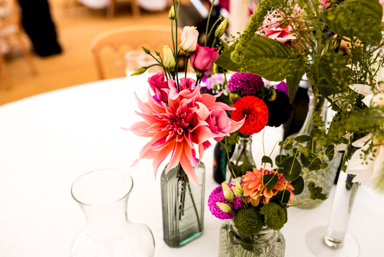 Dahlia Flowers Bottles Centrepiece Table Decor Multicoloured Home Made Glamping Wedding http://www.michellewoodphotographer.com/