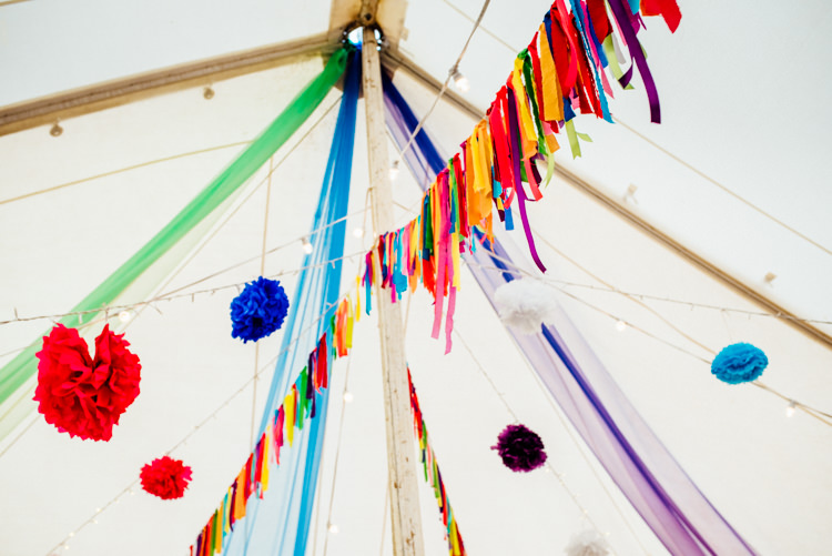 Rainbow Rag Bunting Pom Poms Marquee Multicoloured Home Made Glamping Wedding http://www.michellewoodphotographer.com/