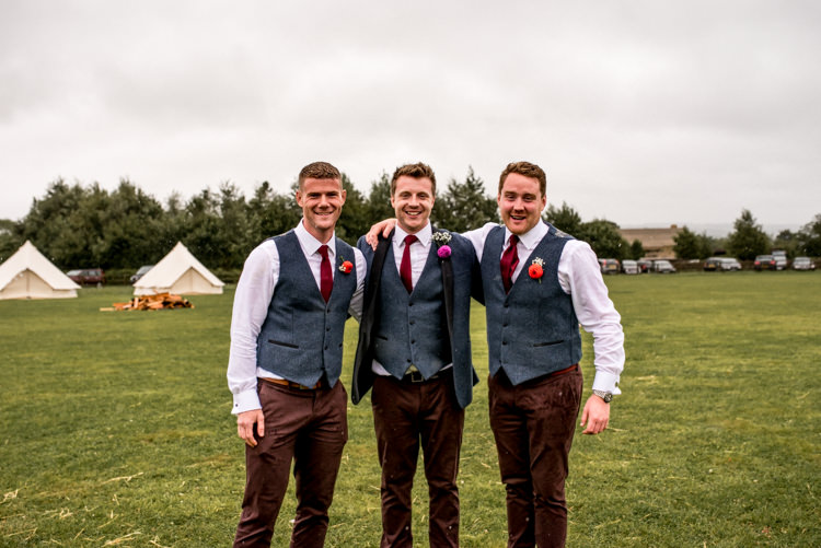 Waistcoats Chinos Groom Groomsmen Red Ties Multicoloured Home Made Glamping Wedding http://www.michellewoodphotographer.com/