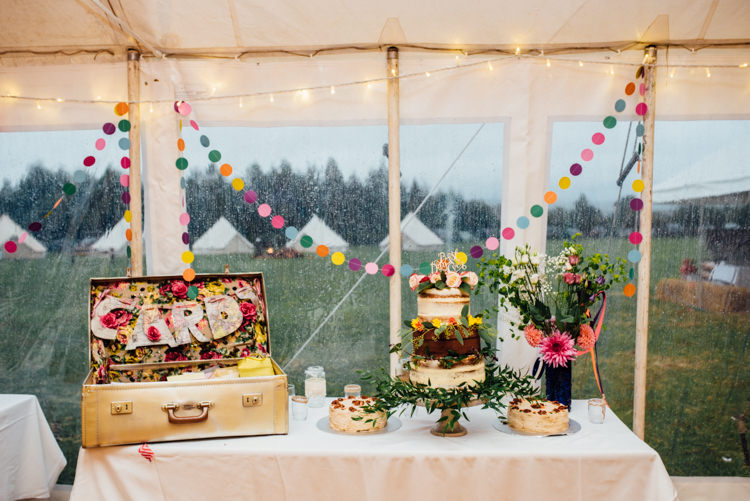 Cake Table Multicoloured Home Made Glamping Wedding http://www.michellewoodphotographer.com/