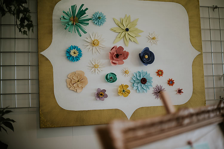 Paper Flowers Wall Decor Colourful Crafty Relaxed Watercolour Wedding https://suesliquephotography.com/