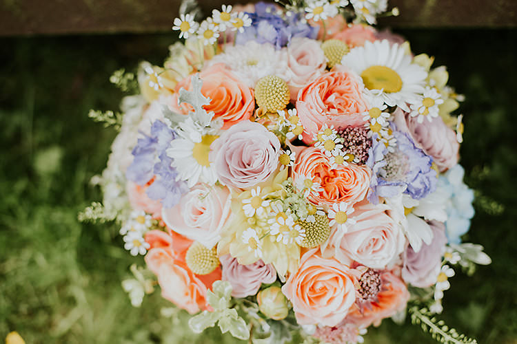 Pastel Flowers Bouquet Bride Bridal Daisy Rose Billy Ball Colourful Crafty Relaxed Watercolour Wedding https://suesliquephotography.com/