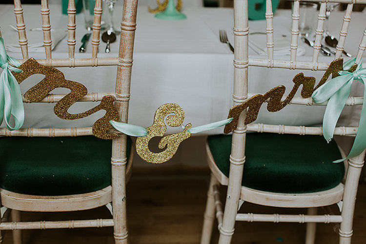 MR MRS Gold Glitter Chair Sign Banner Bunting Colourful Crafty Relaxed Watercolour Wedding https://suesliquephotography.com/