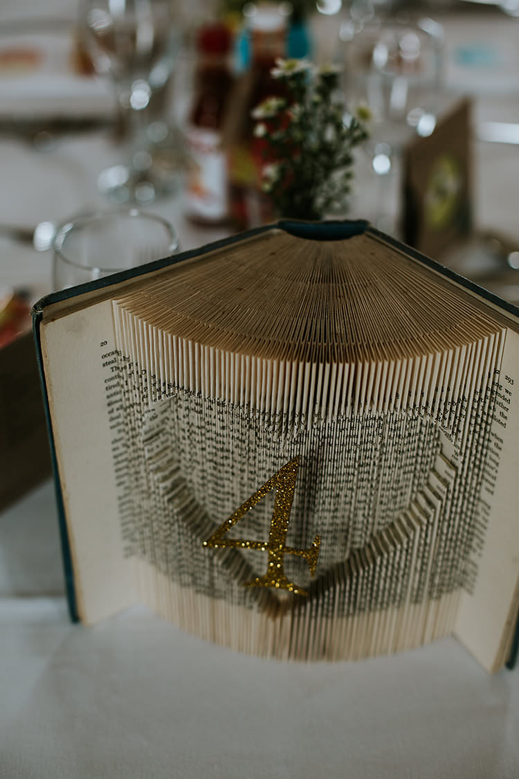 Book Art Paper Folding Glitter Table Number Name Colourful Crafty Relaxed Watercolour Wedding https://suesliquephotography.com/
