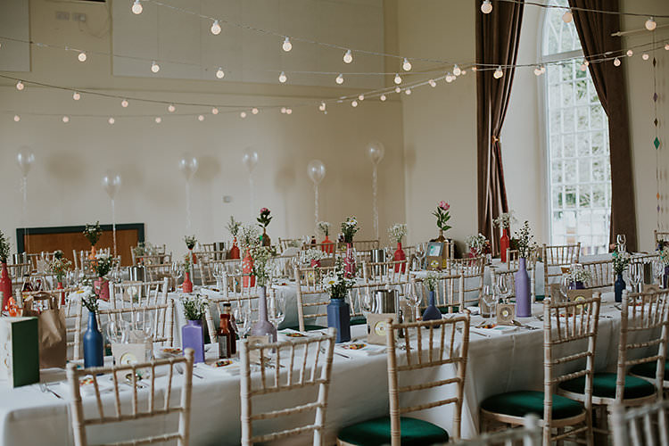 Village Hall Festoon Lights Colourful Crafty Relaxed Watercolour Wedding https://suesliquephotography.com/