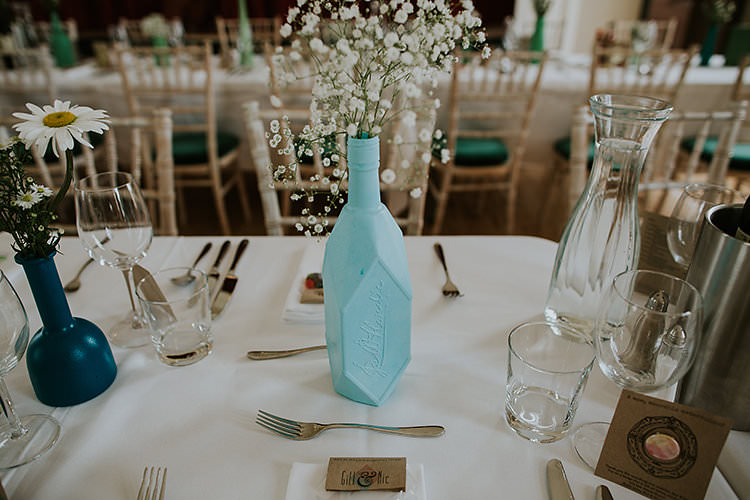 Mint Spray Painted Bottle FLowers Decor Colourful Crafty Relaxed Watercolour Wedding https://suesliquephotography.com/