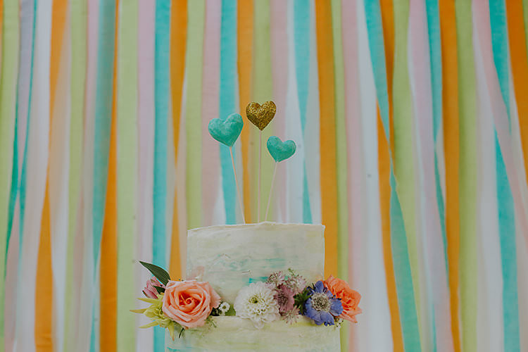 Ribbon Backdrop Cake Table Colourful Crafty Relaxed Watercolour Wedding https://suesliquephotography.com/