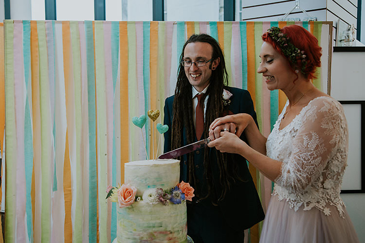 Ribbon Paper Backdrop Cake Table Colourful Crafty Relaxed Watercolour Wedding https://suesliquephotography.com/