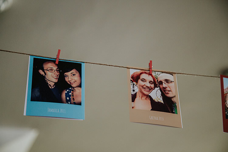 Polaroid Photo Line String Display Colourful Crafty Relaxed Watercolour Wedding https://suesliquephotography.com/