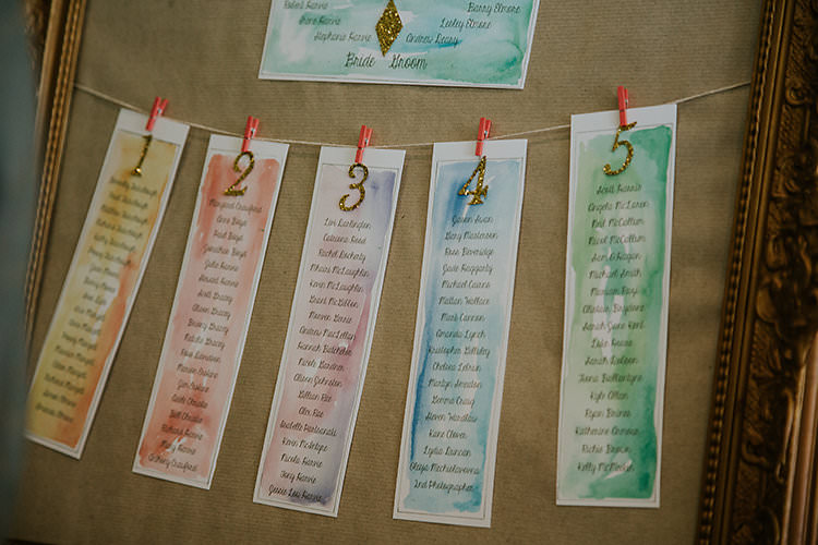Seating Plan Table Chart Gold Glitter Pastel Rainbow Colourful Crafty Relaxed Watercolour Wedding https://suesliquephotography.com/