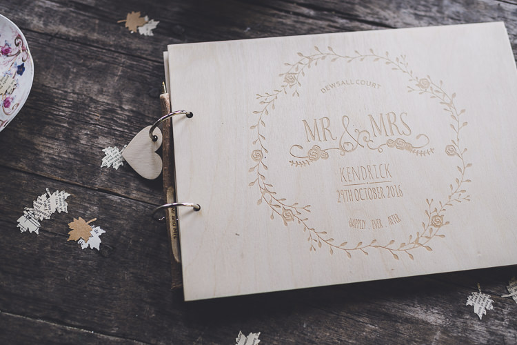Personalised Wooden Engraved Guest Book Ethereal Romantic Autumn Barn Wedding http://www.oacphotography.com/