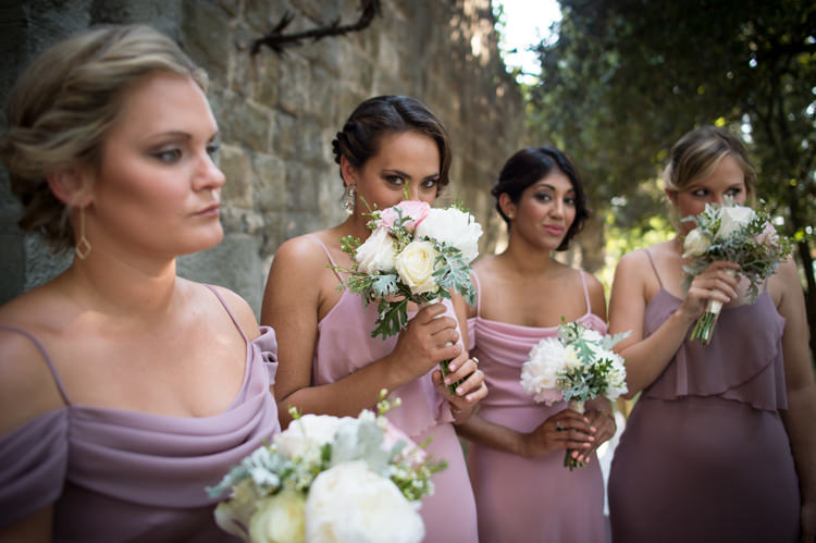 Bridesmaids Soft Pink Purple Dresses Bouquet White Pink Rose Peony Florals Romantic Outdoor Castle Tuscany Wedding http://www.natalymontanari.com/