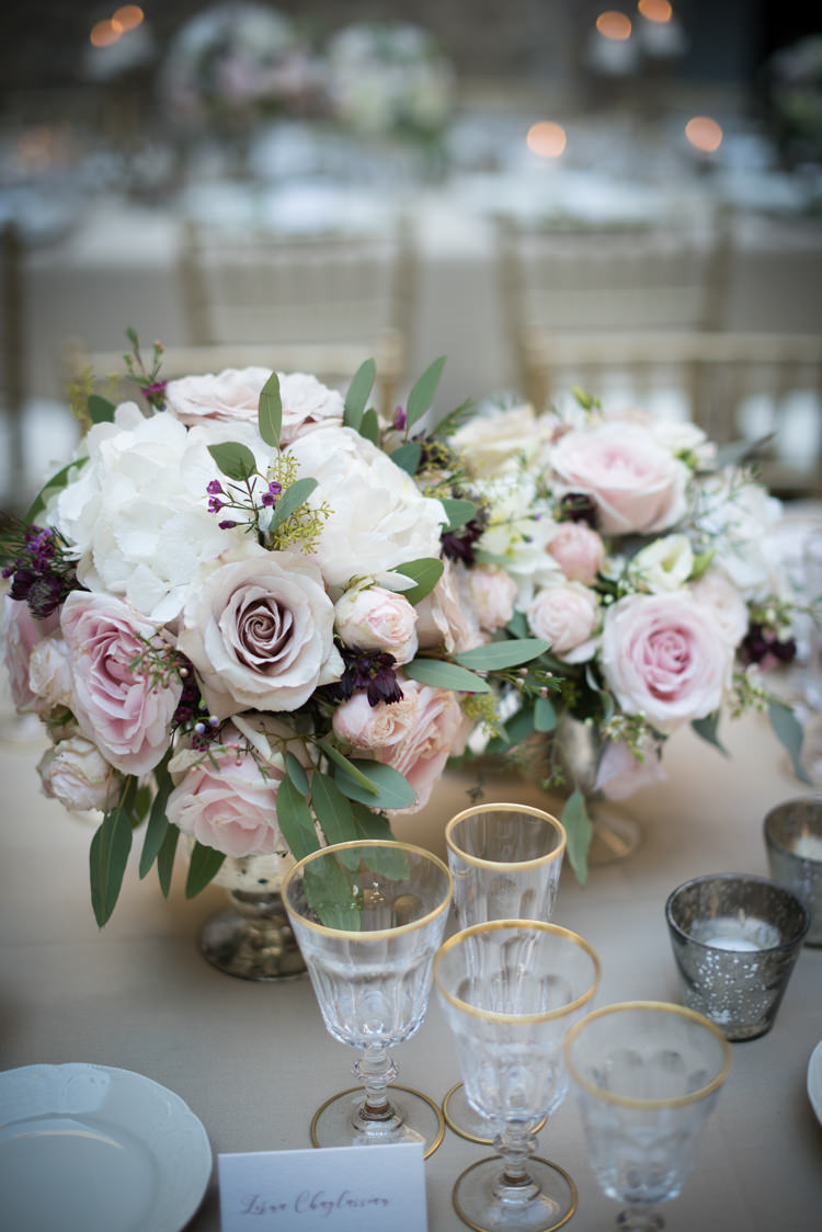 Reception Table Setting Fresh Florals White Pink Rose Peony Daisy Flowers Gold Wine Glasses Calligraphy Name Tag Candles Romantic Outdoor Castle Tuscany Wedding http://www.natalymontanari.com/
