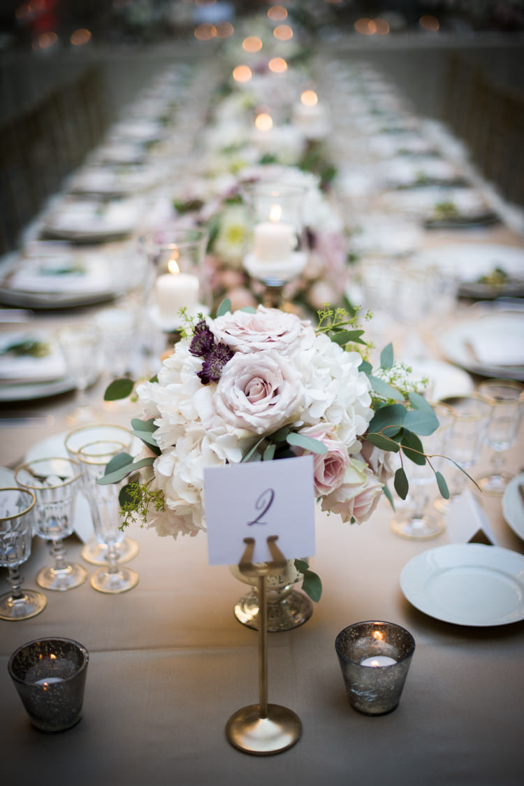 Reception Table Setting Calligraphy Table Number Gold Holder Candles Fresh Florals White Pink Purple Rose Peony Daisy Flowers Romantic Outdoor Castle Tuscany Wedding http://www.natalymontanari.com/