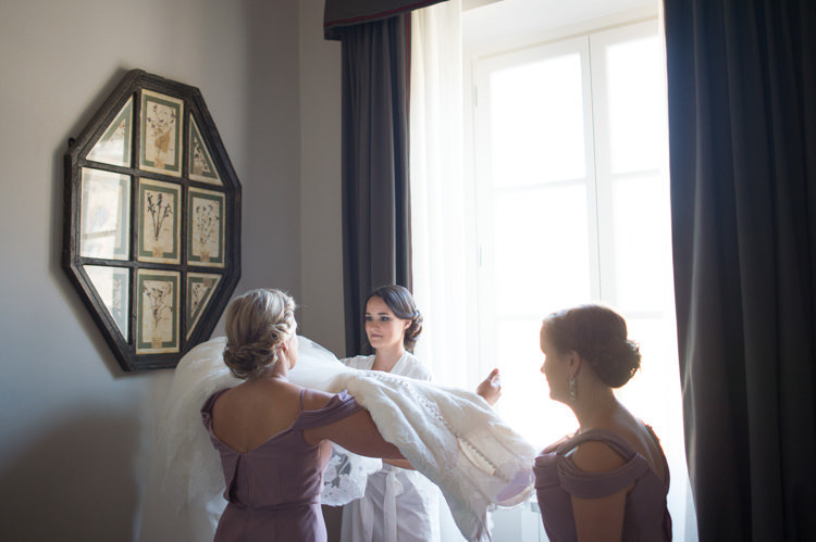 Bride Bridal Gown Bridesmaids Soft Purple Dresses Getting Ready Romantic Outdoor Castle Tuscany Wedding http://www.natalymontanari.com/