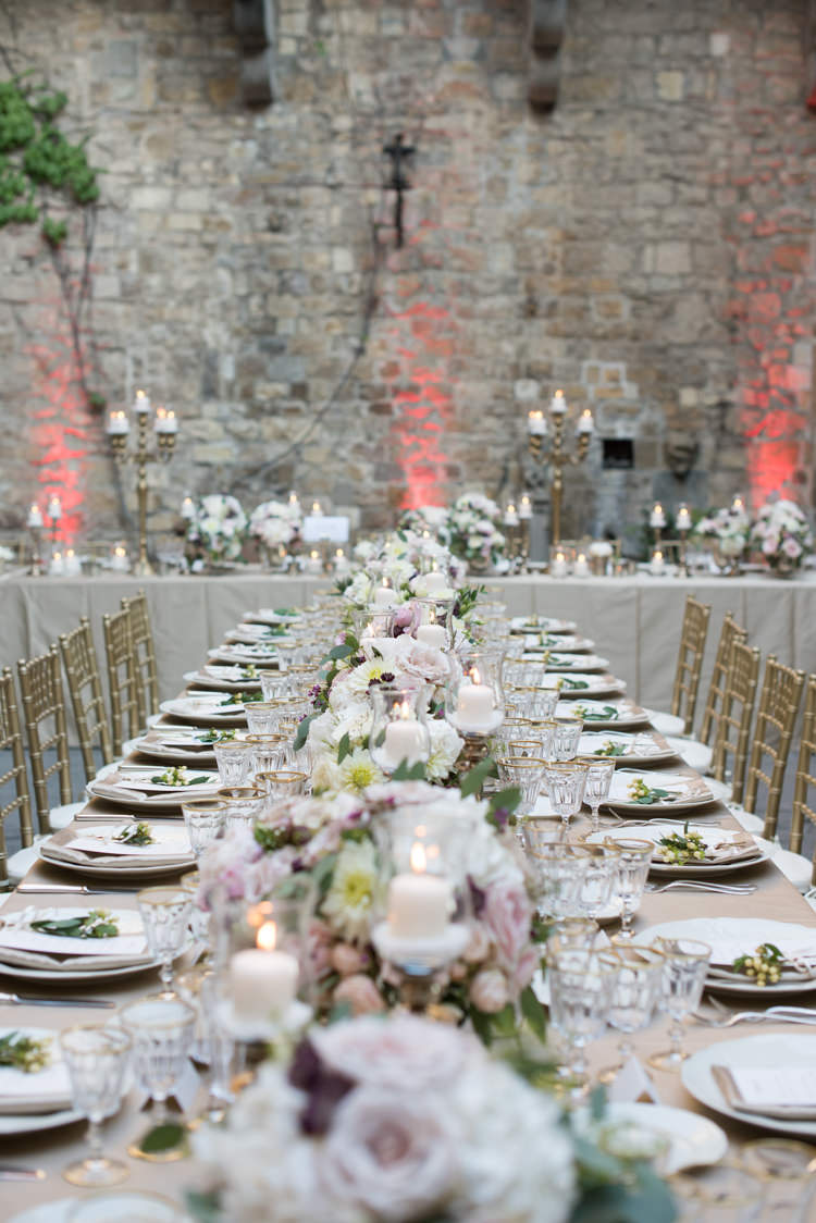 Reception Table Settings Fresh White Pink Florals Peony Rose Daisy Metallic Gold Chairs Candlesticks Romantic Outdoor Castle Tuscany Wedding http://www.natalymontanari.com/