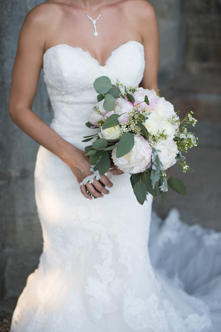 Bride Fitted Lace Mermaid Bridal Gown Crystal Necklace Bouquet White Pink Roses Peony Flowers Romantic Outdoor Castle Tuscany Wedding http://www.natalymontanari.com/