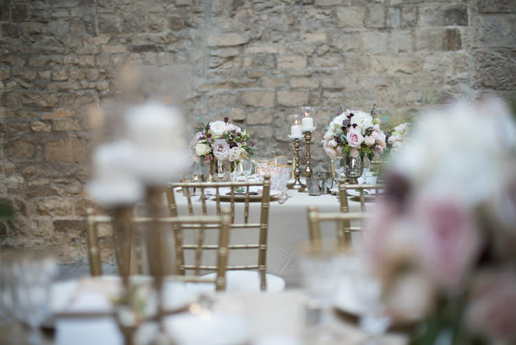 Reception Table Setting Fresh Florals White Pink Rose Peony Daisy Flowers Gold Metallic Chairs Candlesticks Romantic Outdoor Castle Tuscany Wedding http://www.natalymontanari.com/
