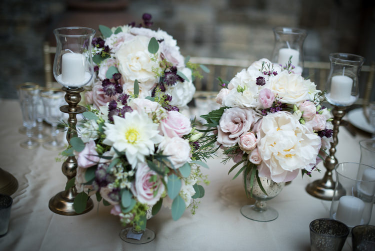Reception Table Setting Fresh Florals White Pink Purple Rose Peony Daisy Flowers Gold Candsticks Romantic Outdoor Castle Tuscany Wedding http://www.natalymontanari.com/