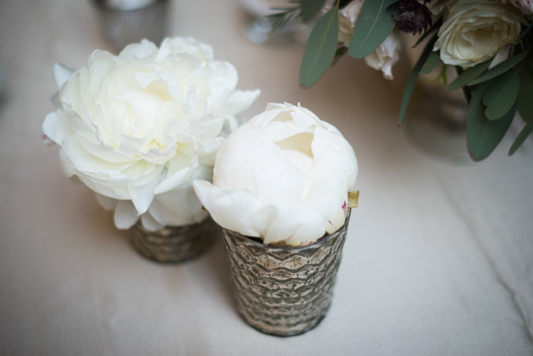 Reception Table Setting Fresh Florals White Peony Flowers Small Metallic Vases Romantic Outdoor Castle Tuscany Wedding http://www.natalymontanari.com/