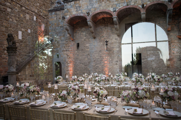 Reception Table Settings Gold Chairs Fresh White Pink Purple Florals Candlesticks Romantic Outdoor Castle Tuscany Wedding http://www.natalymontanari.com/