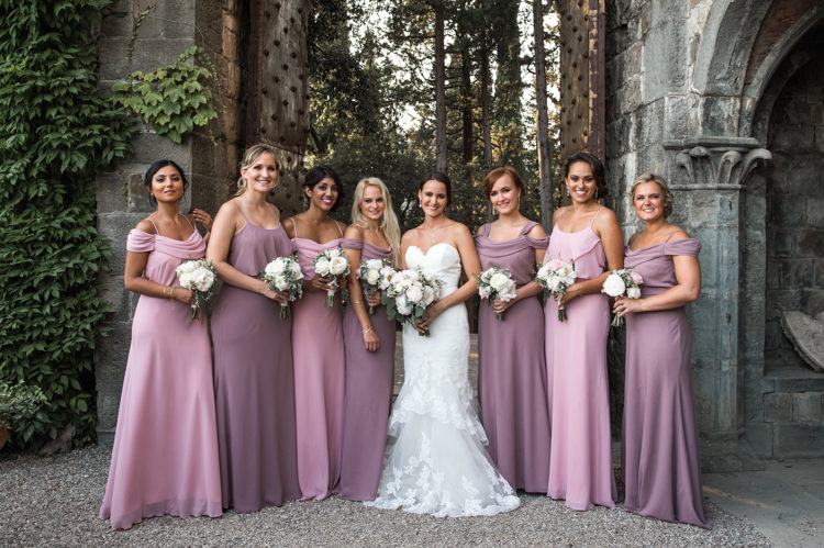 Bride Fitted Lace Mermaid Bridal Gown Bouquet White Pink Rose Peony Florals Bridesmaids Soft Pink Purple Dresses Bouquets Romantic Outdoor Castle Tuscany Wedding http://www.natalymontanari.com/