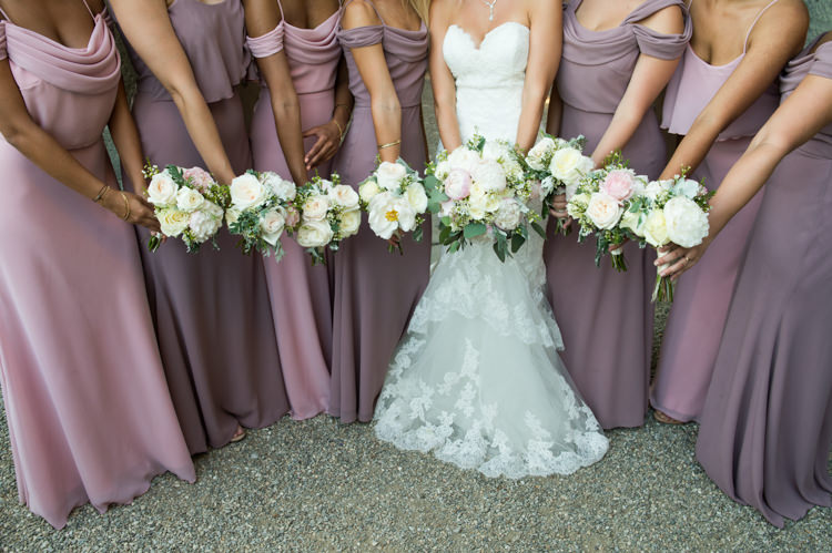 Bride Fitted Lace Mermaid Bridal Gown Bouquet White Pink Rose Peony Florals Bridesmaids Soft Pink Purple Dresses Bouquets Romantic Outdoor Castle Tuscany Wedding http://www.natalymontanari.com/