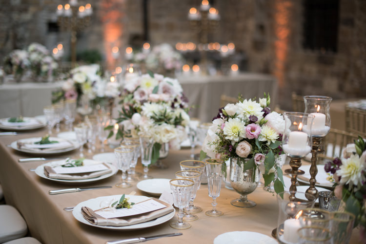 Reception Table Setting Fresh White Pink Purple Florals Roses Peonies Daisies Gold Candlesticks Gold Chairs Romantic Outdoor Castle Tuscany Wedding http://www.natalymontanari.com/